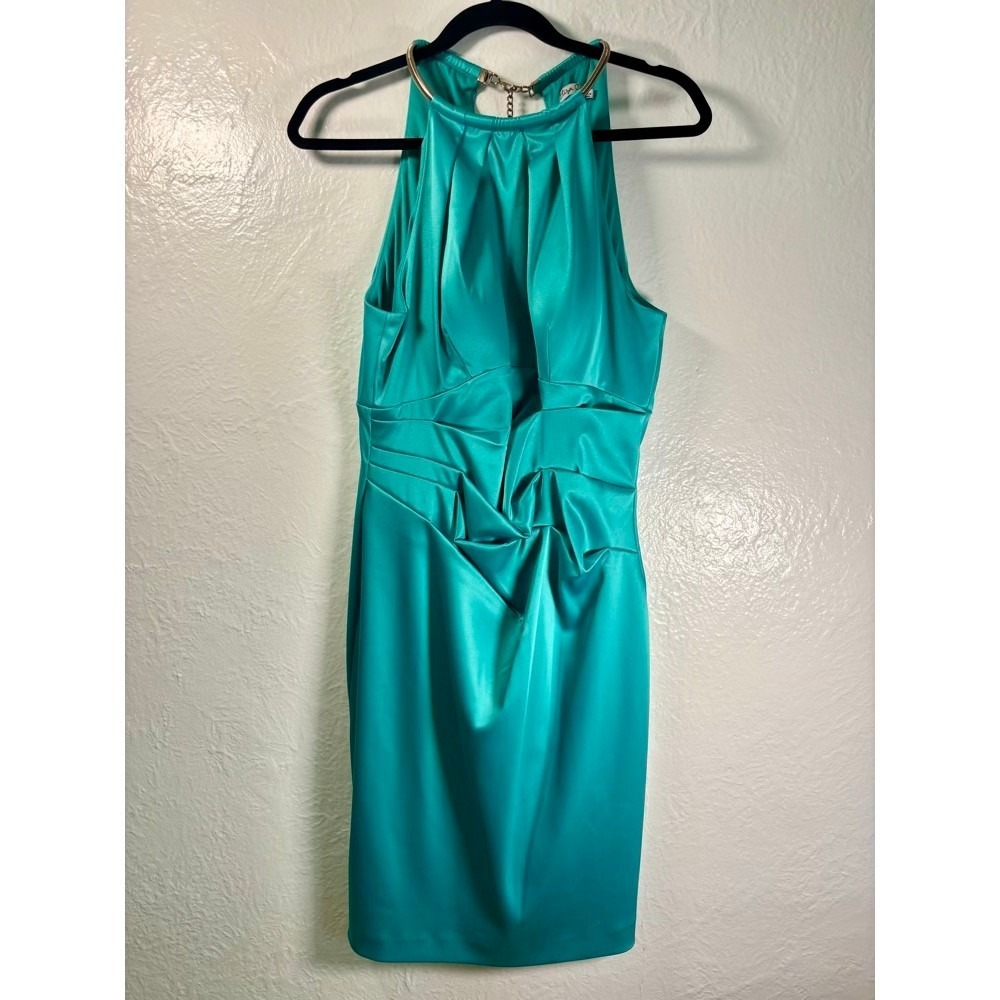Eliza J Chain Strap Pleated Cocktail Dress Teal‎ Sz 12 70's Mobwife Flirty Siren